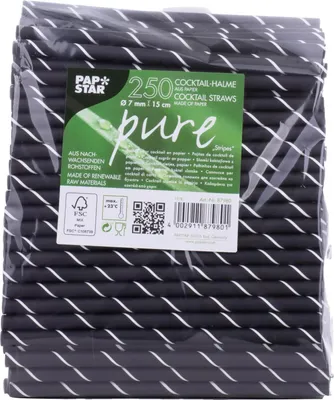 Produktbild von PAPSTAR Papier-Trinkhalm "pure" 150 mm schwarz / weiß aus Papier 250 Stück