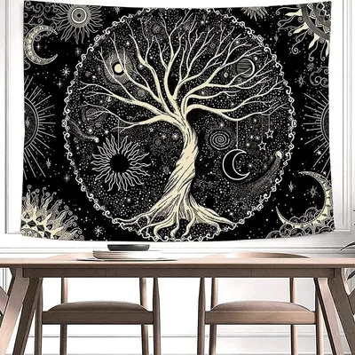Produktbild von Famanu Wandteppich Baum des Lebens - Psychedelische Wanddekoration in Schwarz Weiß (150 x 130 cm)