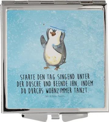 Produktbild von Mr. & Mrs. Panda Schminkspiegel Pinguin Duschen - Eisblau - Geschenk, klein, Mini Spiegel, Kleiner, Neustart, Duschkonzert, Handspiegel, Taschenspiegel, Singen