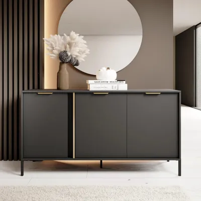 Productafbeelding van Kommode/dressoir VALDI, 153 cm, antraciet, goudkleurige metalen poten, 3D-design