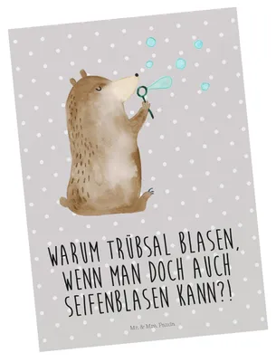 Produktbild von Mr. & Mrs. Panda Postkarte Bär Seifenblasen - Grau Pastell - Geschenk, bildkarte, Teddy, Ansichtskarten, Lustig Sein Glücklich Traurig Happy, Postkarten, Ansichtskarte