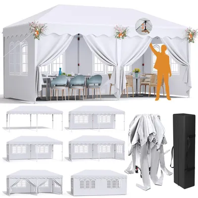 Produktbild von Faltpavillon 3x6m Wasserdicht Stabil Pop-up Gartenpavillon mit 6 Seitenteilen Weiß