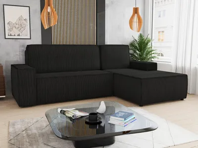 Produktbild von Ecksofa Totti L mit Schlaffunktion und Bettkasten - Cord Stoff - L-Form Couch, Polstersofa, Schlafsofa, Sofagarnitur (Schwarz (Poso 135) Seite: Rechts)