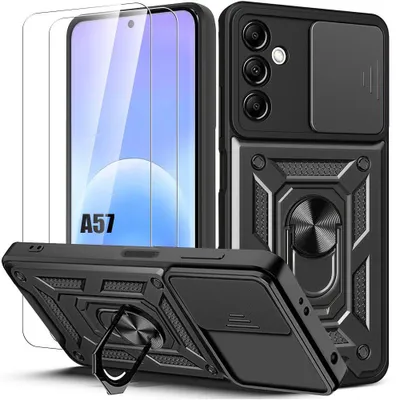 Image de Coque + 2 Verres Trempés pour Samsung Galaxy A57 5G, Antichoc avec Anneau et Protection Caméra Noir
