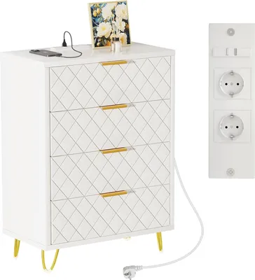 Produktbild von Nachttische mit 4 Schubladen,Beistelltisch mit Ladestation,91 cm hoch,Kommode für Schlafzimmer,Moderner Nachttisch Beistelltisch für Schlafzimmer Weiß