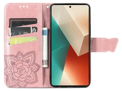 Produktbild von Für Xiaomi Poco M6 Pro 4G / Redmi Note 13 Pro 4G Kunstleder Wallet Handy Tasche Schmetterling Design Schutz Hülle Rosa