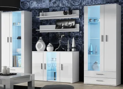 Produktbild von Furniture24 Wohnwand SOHO 10 mit Blauer LED Beleuchtung, Anbauwand, Wohnzimmerschrank, Schrankwand, Vitrine, Lowboard, Hängeregal Weiß/Weiß Hochglanz…