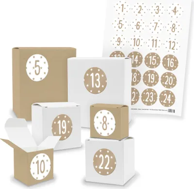 Produktbild von Adventskalender zum Füllen 24x Quader Würfel gemischt + Sticker (V03 Z37)