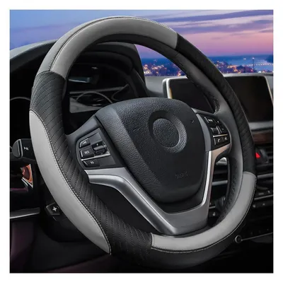 Obrázek produktu pro Univerzální potah na volant do auta, 38 cm, z pravé kůže, prodyšný, sportovní design, protiskluzový, černá/šedá barva