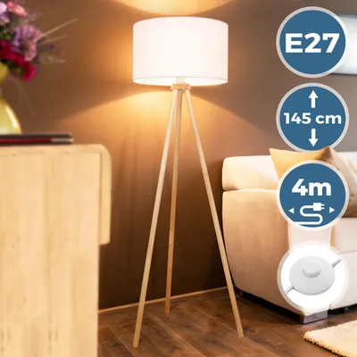 Produktbild von Jago® Tripod Stehlampe - LED/H145cm/Ø45cm/E27, Stativ aus Holz, Stoffschirm, Skandinavischen Stil - Dreibein Stehleuchte, Wohnzimmerlampe