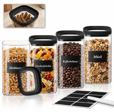 Image de Ensemble de 4 récipients de conservation carrés en verre, d'une capacité de 1400 ml chacun, avec couvercles hermétiques