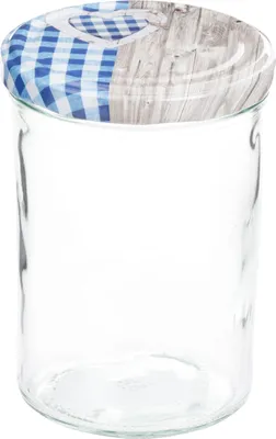 A clear glass jar with a decorative lid.