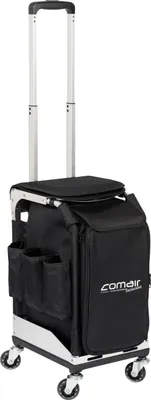 A black rolling trolley with silver accents and wheels.