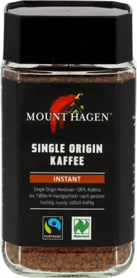 A jar of Mount Hagen instant coffee with its label clearly visible.