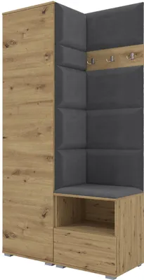 Produktbild von Garderoben-Set Nela I, Polstergarderobe mit Schuhschrank, Dielenmöbel-Set (Farbe: Artisan Eiche + Trinity 15 (Dunkelgrau))