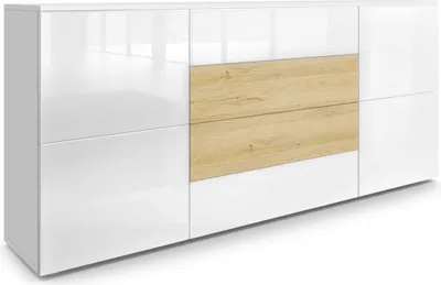 Produktbild von Vladon Sideboard Rova,  Germany, Kommode mit 4 Türen und 4 Schubladen, Weiß matt/Weiß Hochglanz/Eiche Natur (166 x 72 x 35 cm)