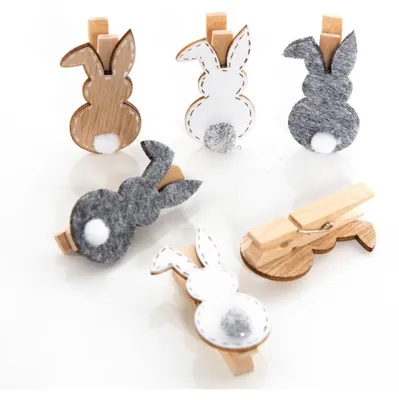 Produktbild von 6 Osterdeko Klammern Holz & Filz - Osterhase Clips 5 cm