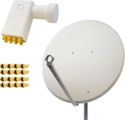 A satellite dish, LNB, and F-connectors are arranged on a white background.