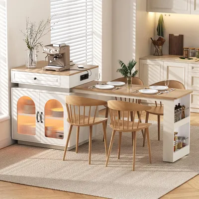 Produktbild von Merax Esstisch Kücheninsel mit Rollen, Ausziehbarer Esstisch, LED Steckdosenleiste, Multifunktionaler Bartisch, Sideboard, küchentisch, Weiß+Natur