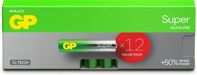 Produktbild von GP Batteries Super Alkaline GP24A, Einwegbatterie, AAA, Alkali, 1,5 V, 12 Stück(e), Cd (cadmium), Hg (Quecksilber)
