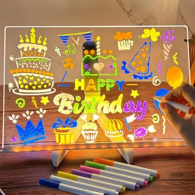 Image de Tableau LED en acrylique avec stylo 7 couleurs et support réglable, tableau lumineux LED transparent, tableau effaçable, mémo (30 x 20 cm)