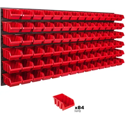 A wall-mounted storage system with multiple red bins, with one bin shown separately below with text.