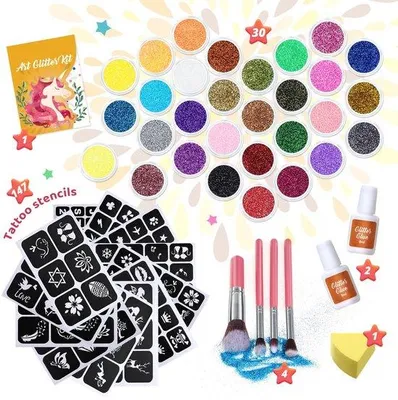 Productafbeelding van Glittertattooset 30 Kleuren - Inclusief Sjablonen en Penselen - Perfect voor Carnaval - m-winkel