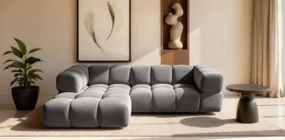 Produktbild von Ecksofa Designersofa BLANCHE in Stoff Bluvel Grau Ottomane Links