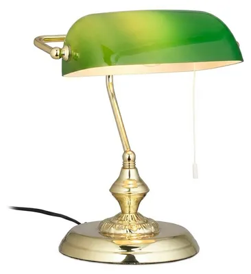 Produktbild von Relaxdays Bankerlampe mit Zugschalter, grüner Schirm, runder Sockel, Vintage Design, Glas, HBT: 31x22,5x18,5cm, messing