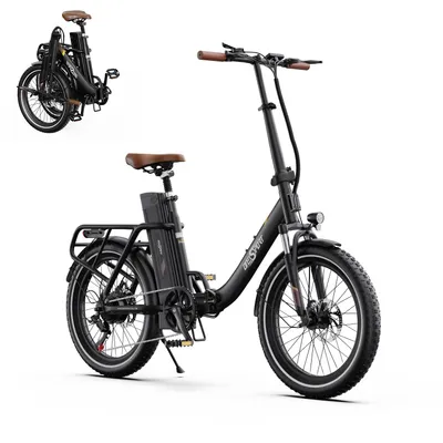 A black electric folding bicycle is shown against a white background. A smaller image of the bicycle folded is in the top left corner.