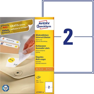 Obrázek produktu pro Avery L4734REV-100, Bílá, Zaoblený obdélník, Vyjímatelná, 199.6 x 143.5 mm, A4, Papír