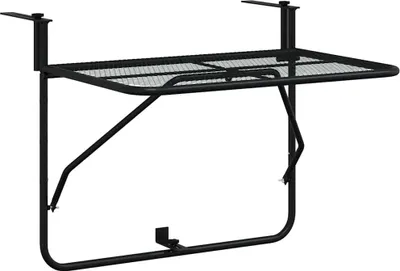 A black metal balcony table is shown against a white background.