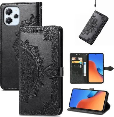 Collage of a black leather phone case with embossed mandala design, showing different views and configurations.