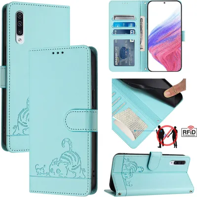 Produktbild von Leder Hülle für Samsung Galaxy A50/A30S/A50S Süße Katze Flip Case Brieftasche Schutzhülle mit Standfunktion hellgrün