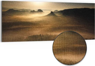 Produktbild von DEQORI Hybrid Leinwand Bild 125x50 cm 'Goldener Waldhauch' Wandbild Glas flach modern