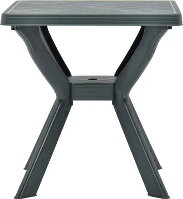 A dark green plastic bistrot table shown from the side against a white background.