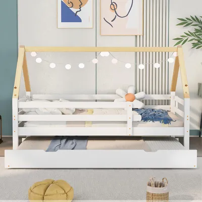 Produktbild von Merax Baumhausbett Einzelbett mit Ausziehbett, Tagesbett Schiebebett mit Rollen, Kinderbett 90x200 & 90x190 cm aus Massivholz, Weiß + Natur