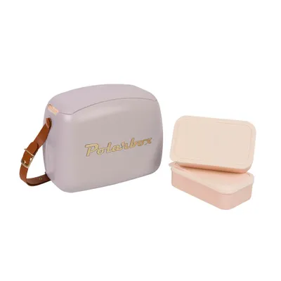 Produktbild von Kreher® Retro Kühlbox Polarbox 6L – Passive Kühlbox in Mauve/Gold mit 2 Lunchboxen – stilvolle Isolierbox im Vintage Design für Picknick, Camping