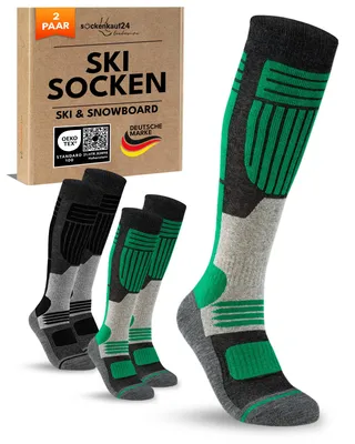 Produktbild von Herren Skisocken Merino mit Polsterung 2 Paar Thermo Winter Kniestrümpfe - 70302T Grün/Schwarz 43-46