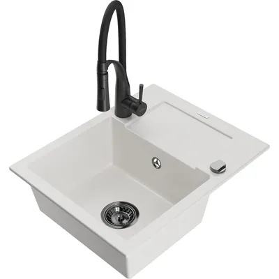 Obrázek produktu pro Mexen Enzo 1-miskový granitový dřez s odkapávačem a kuchyňskou baterií Aster, Bílá - 6506-20-73450-70-B