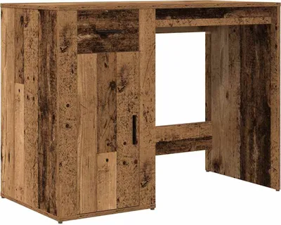 A wooden desk with a cabinet on the left and an open space on the right.