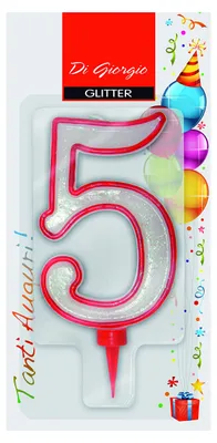 Geburtstagskerze Zahl 5 mit Glitter, 11 cm, weiß/rot