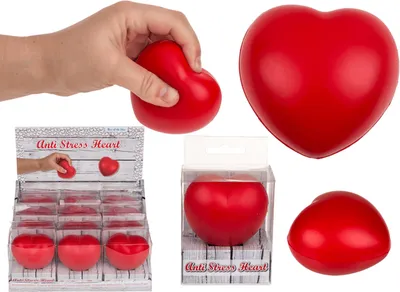 A collage of images showing red heart-shaped stress balls, with one being squeezed by a hand, and others displayed in packaging and as individual items.
