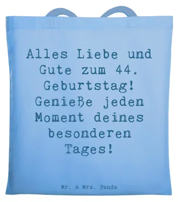 Produktbild von Mr. & Mrs. Panda Shopping Tasche Spruch 44. Geburtstag - Sky Blue - Geschenk, Laptoptasche, Schultasche, Einkaufstasche, Happy Birthday, Geburtstagsgeschenk, Alter, Liebe
