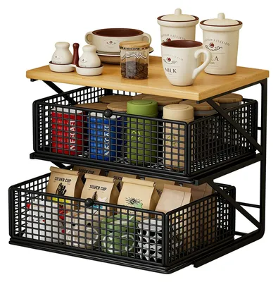 Image de Organisateur de cuisine en métal avec tiroirs extensibles, Organisateur de table multifonctionnel (Noir + Bois Naturel)