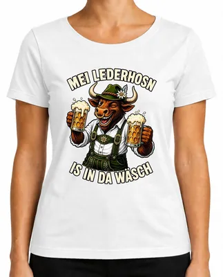 Zdjęcie produktu dla Mei Lederhosn - Koszulka z motywem byka, styl tradycyjny, dla kobiet, wykonana z materiału przypominającego skórę, kolor biały, rozmiar S