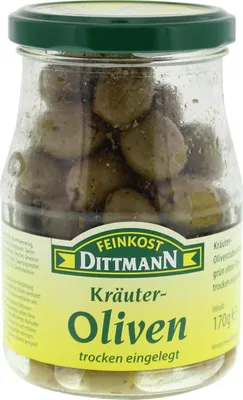 Produktbild von Feinkost Dittmann Kräuteroliven, grün ohne Stein, 170 g