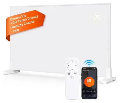 Image de Panneau de chauffage infrarouge Peviasot, 300W, avec thermostat, application Wi-Fi, télécommande, fixation murale et pieds pour une utilisation sur sol, adapté aux pièces jusqu'à 10 m²