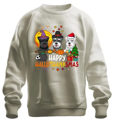 Obrázok produktu pre Happy Hallothanksmas Schnauzer Halloween Thanksgiving Weihnachten Uni mikina Pullover, Natur, XL