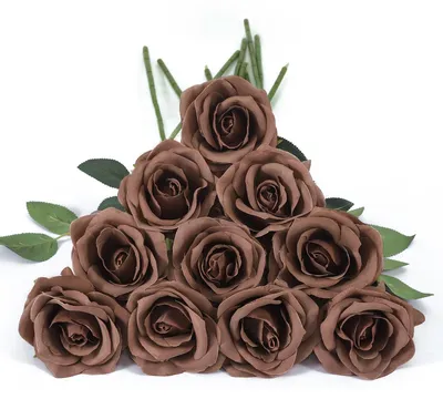 Image de 10 roses artificielles en soie, couleur marron mocha, imitation. - Roses artificielles